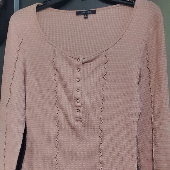 Love Tree Pink Long Sleeve Henley with Lettuce Hem and Square Neckline - Picture 1 of 6